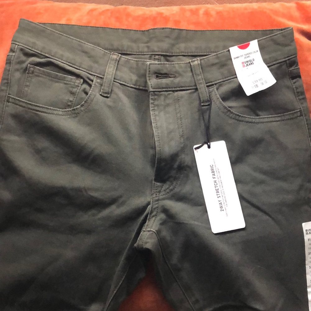 Skinny fit tapered olive jeans
